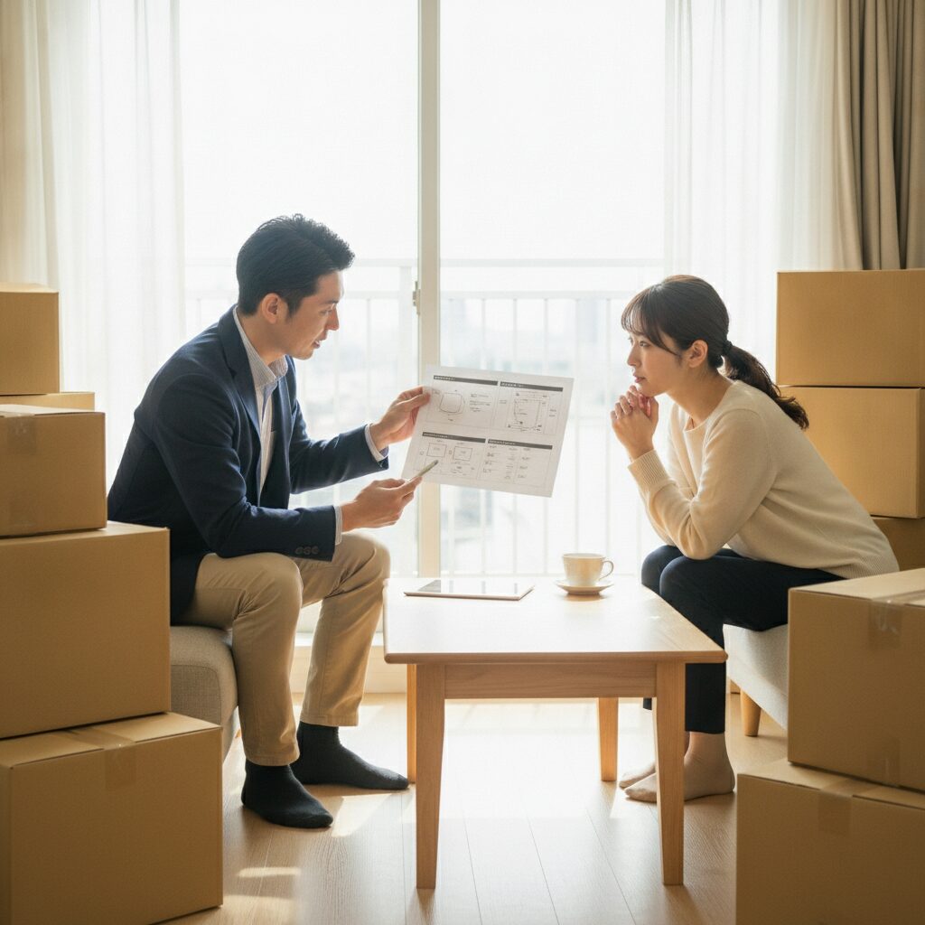 引越し業者の営業担当と見積もり交渉をする様子