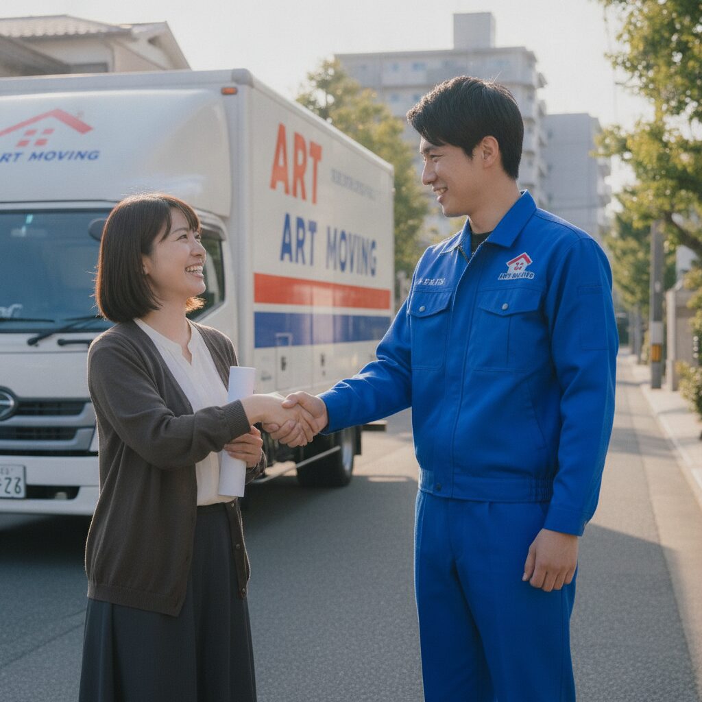 6月の引越しで業者と交渉する様子。閑散期の予約の取りやすさを表現