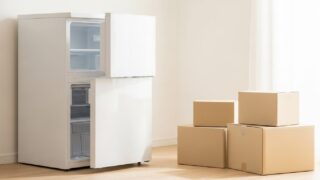 引越し前に水抜きをする冷蔵庫と段ボール