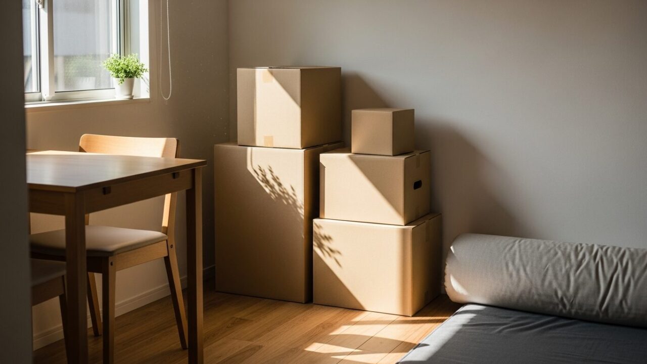 一人暮らしの引越しで荷造りされたワンルームの部屋