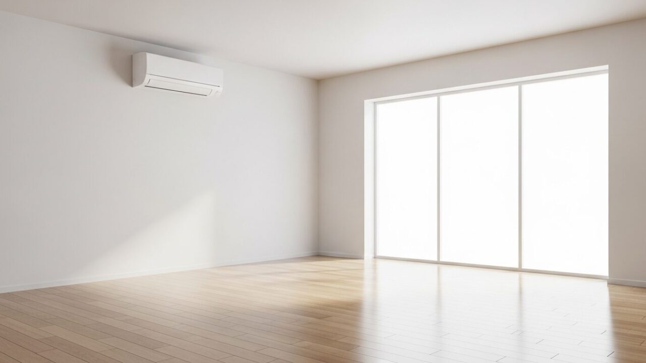引越し先の部屋の壁に取り付けられたエアコンの室内機