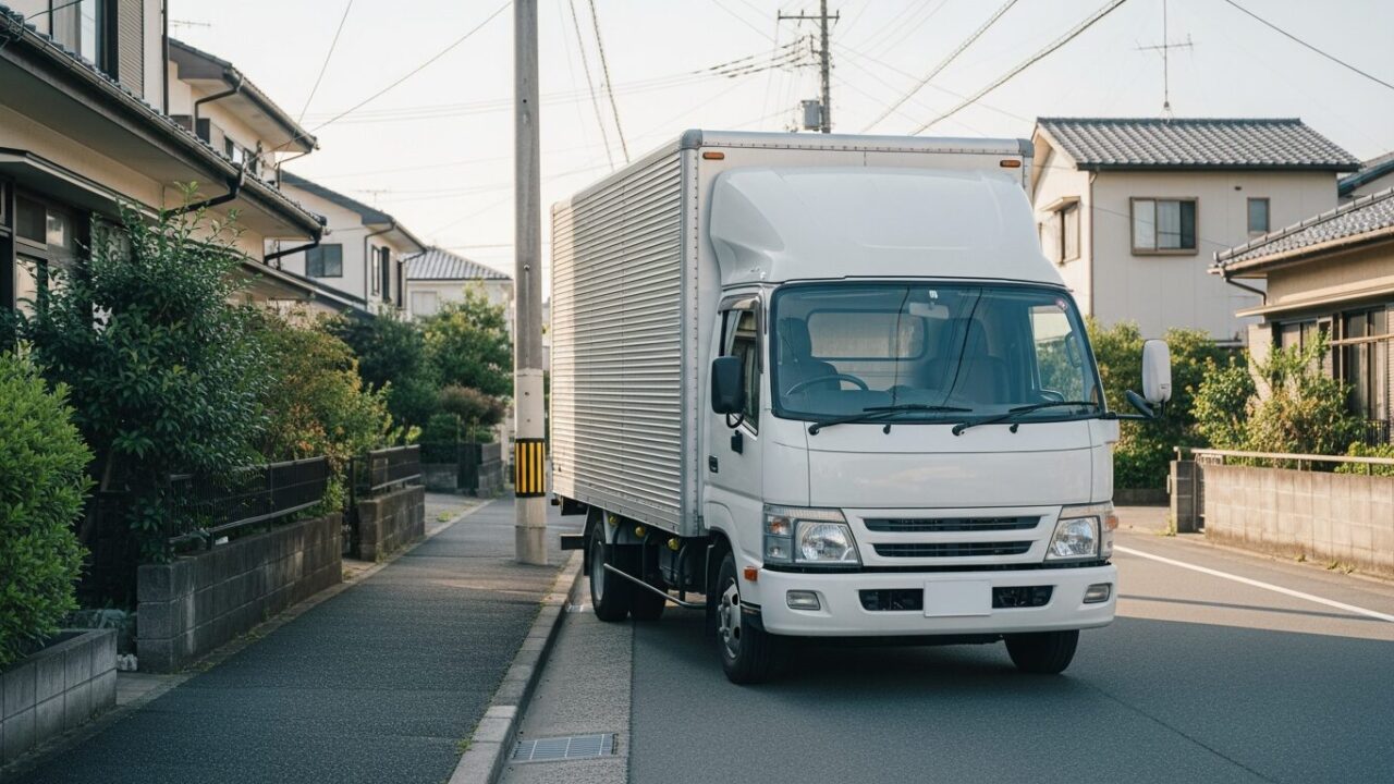 引越しが安い時期をイメージした、晴れた住宅街に停まる無地のトラック