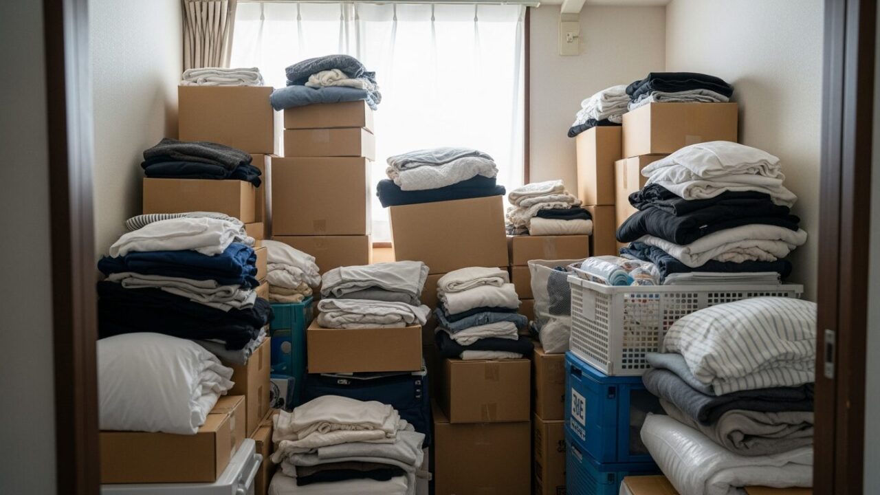 物が多く散らかった引越し前の部屋の様子