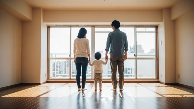 新居のリビングに立つ家族と引越しのイメージ