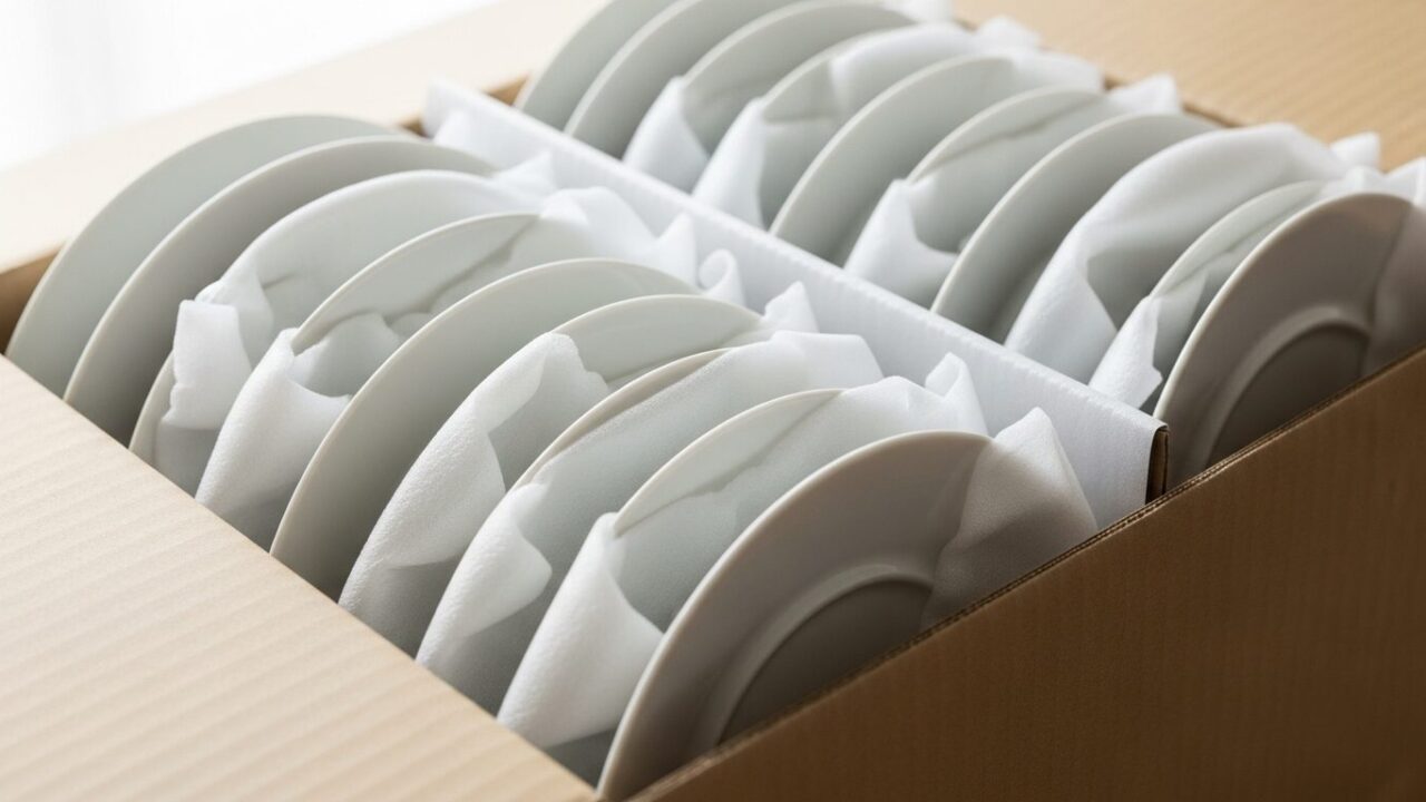 段ボールに縦に立てて詰められた食器