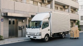 エレベーターのある日本のマンションと引越しトラック