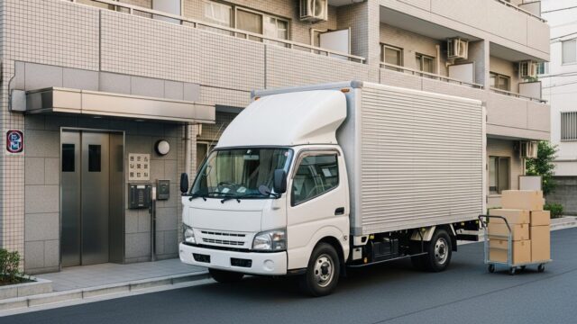 エレベーターのある日本のマンションと引越しトラック