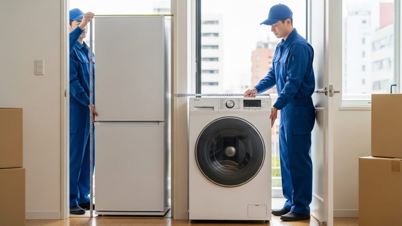 玄関で冷蔵庫と洗濯機の搬入幅を採寸する引越しの様子