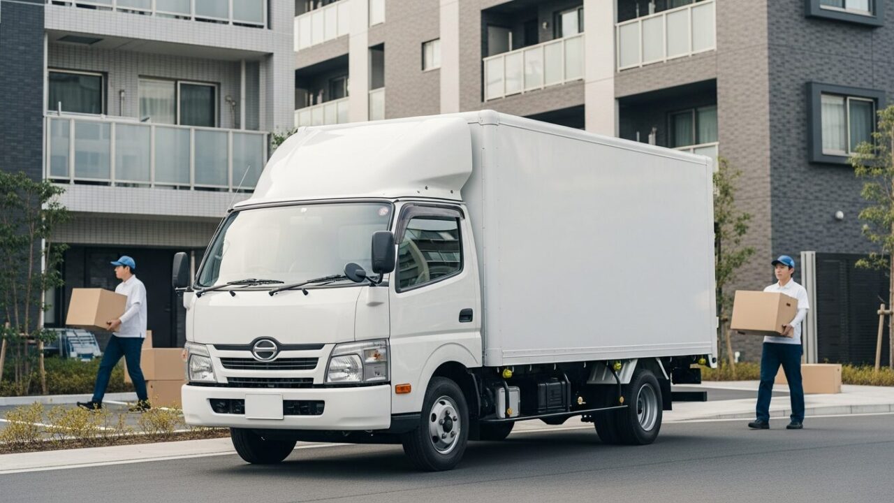引越しの大手と中小を比較するイメージ。無地の日本の箱型トラックとマンション