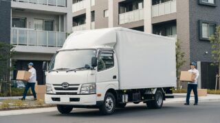 引越しの大手と中小を比較するイメージ。無地の日本の箱型トラックとマンション
