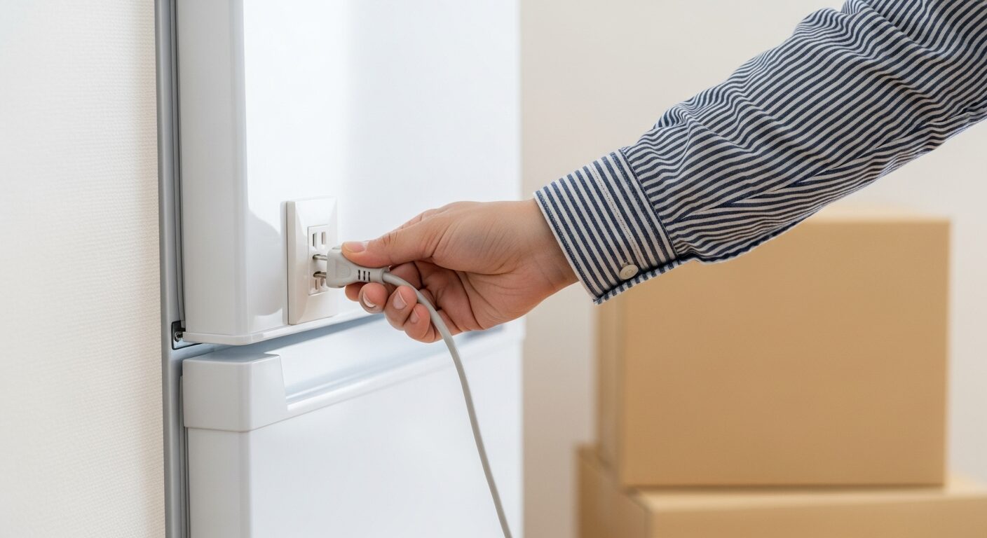 冷蔵庫の電源プラグを抜く手元(水抜きの準備)