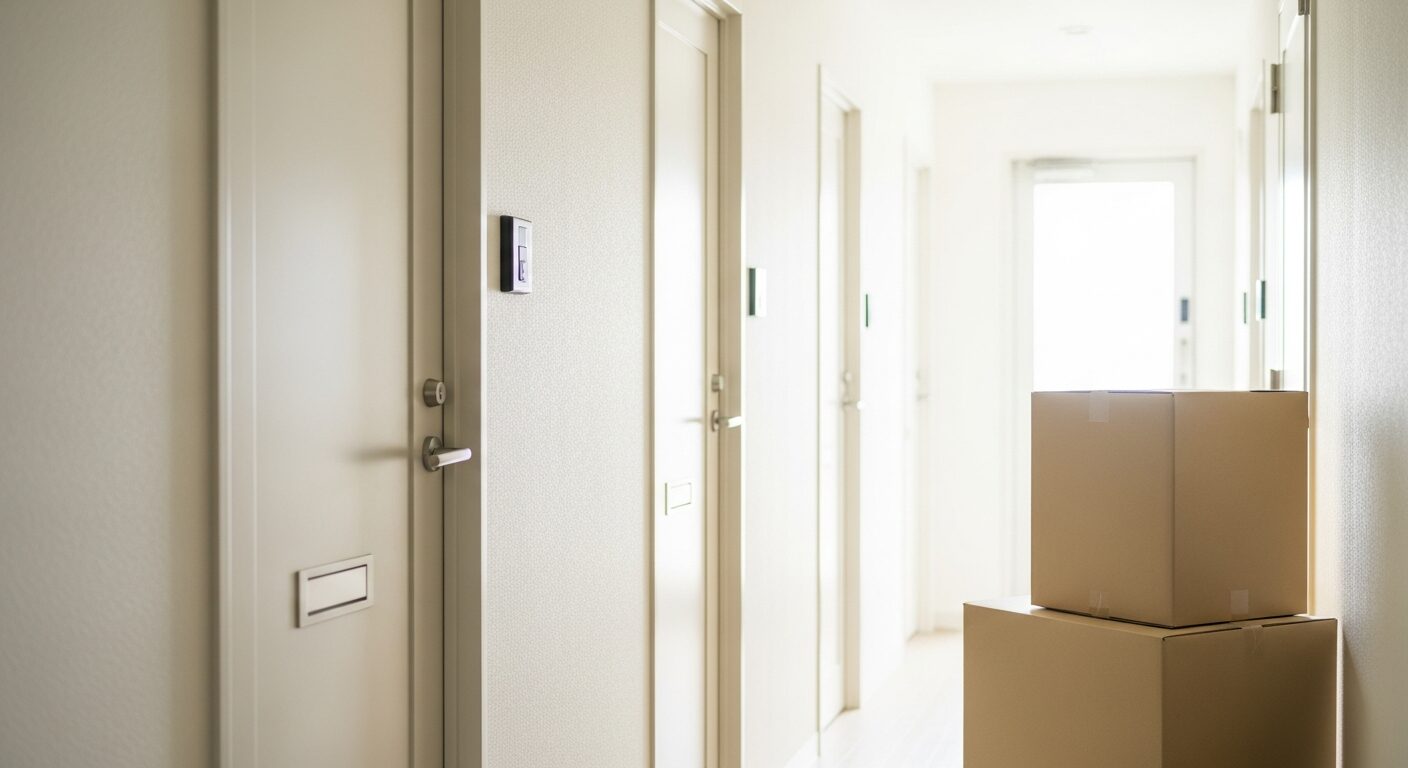 引越し先の集合住宅の廊下と玄関ドア