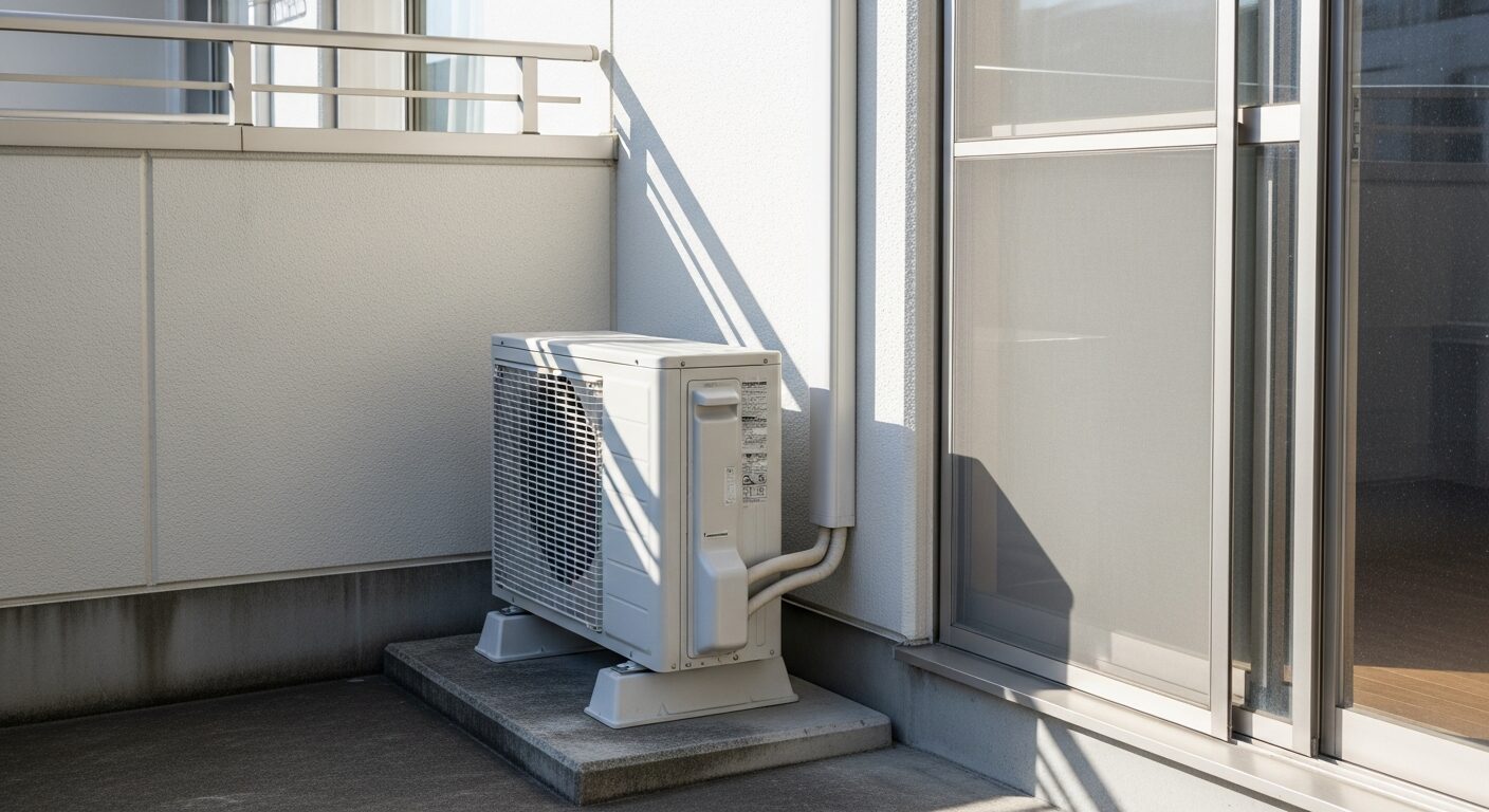 日本の集合住宅のベランダに設置されたエアコンの室外機