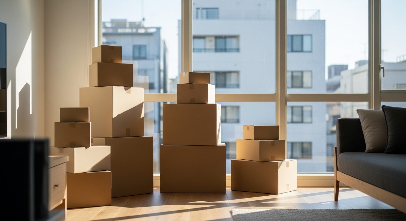 午後の日差しが差し込む部屋に積まれた段ボール