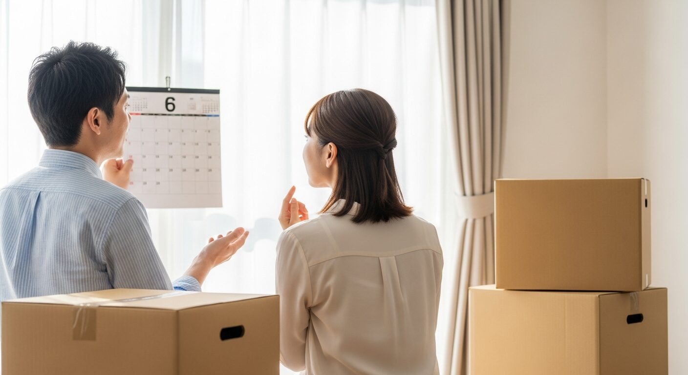 カレンダーを見ながら引越しの予定を相談する夫婦の後ろ姿