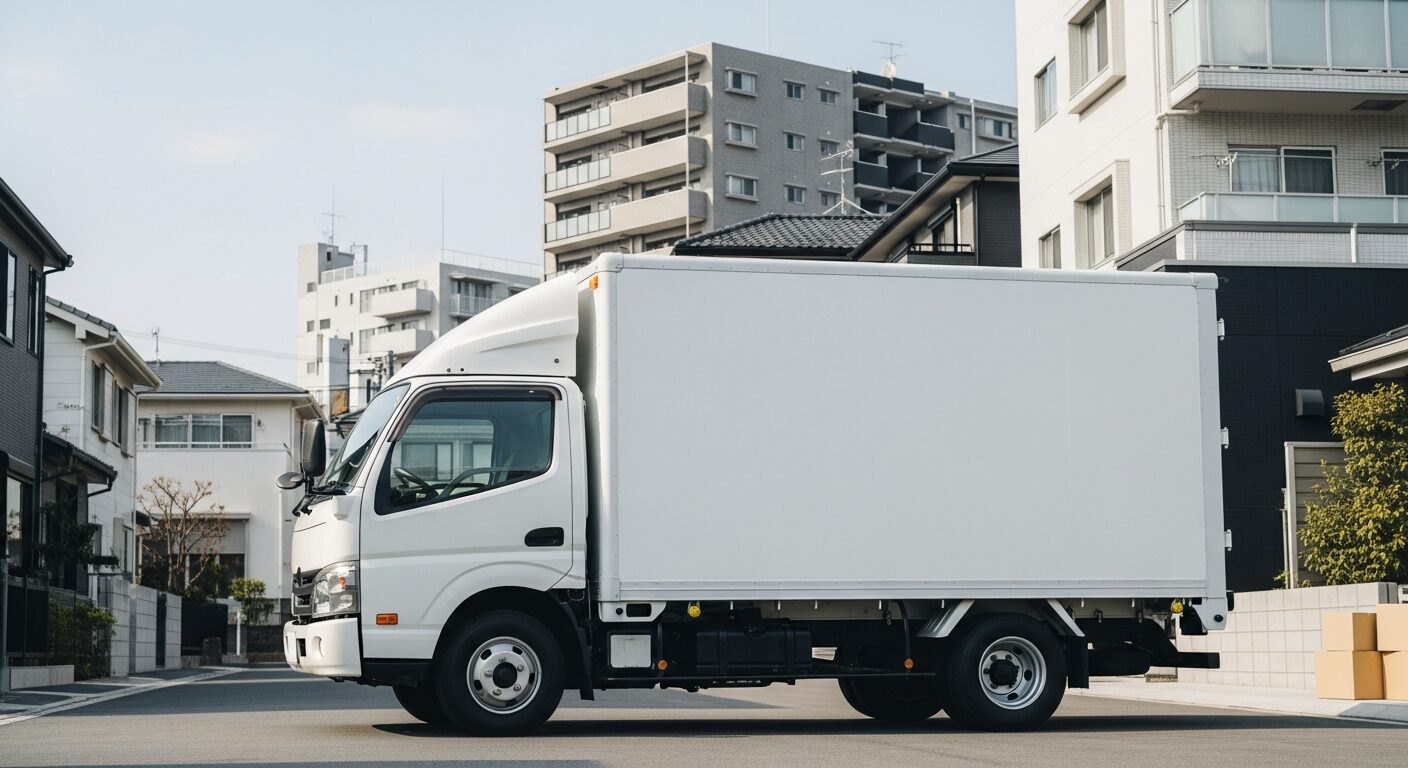 日本の住宅街に停まる無地の中型引越しトラック