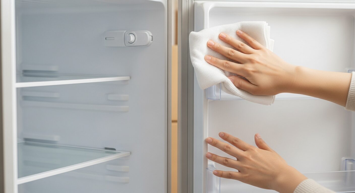 当日の朝に冷蔵庫の庫内を乾いた布で拭く様子