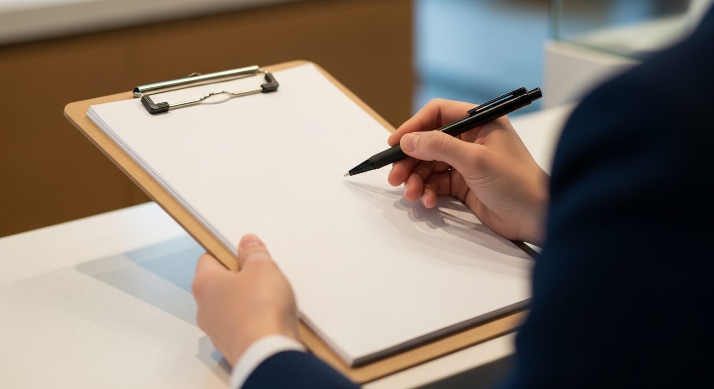 役所の窓口で手続きする人の手元