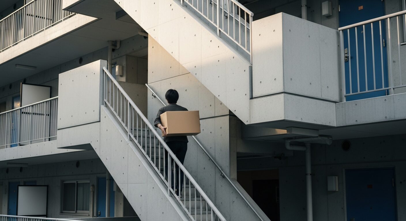 エレベーターなしの階段で荷物を運ぶ引越し作業