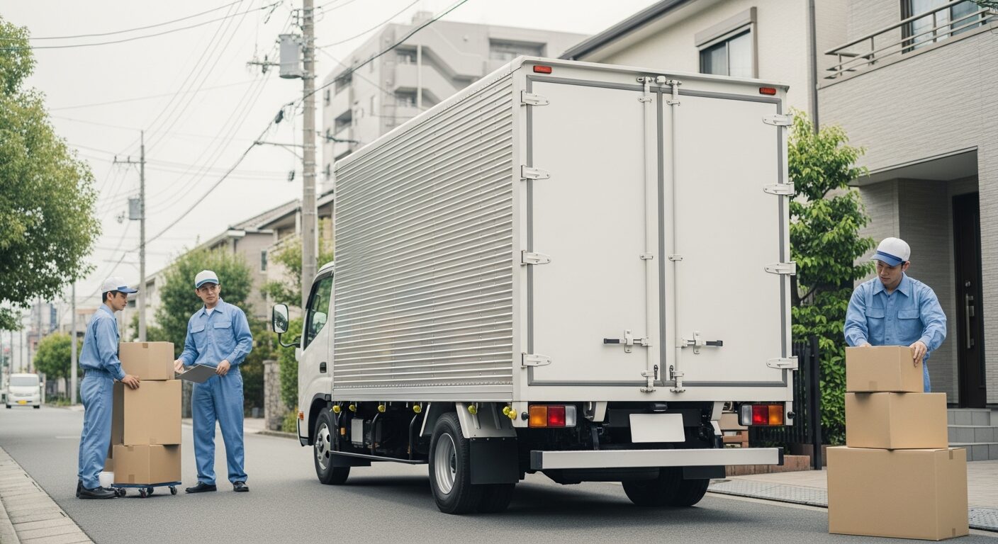 住宅街で作業する引越しトラックとスタッフの後ろ姿