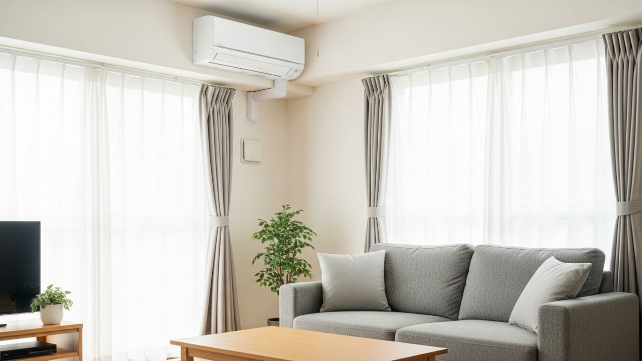 エアコンの室内機がある日本のマンションのリビング