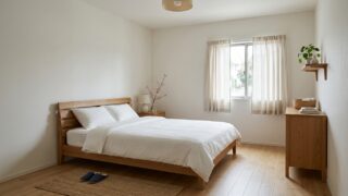 引越し前の寝室に置かれた木製のベッド