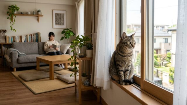 引越し前の部屋の窓辺でくつろぐ猫