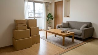 引越しの荷造りが進んだ日本のリビングと綺麗に積まれたダンボール