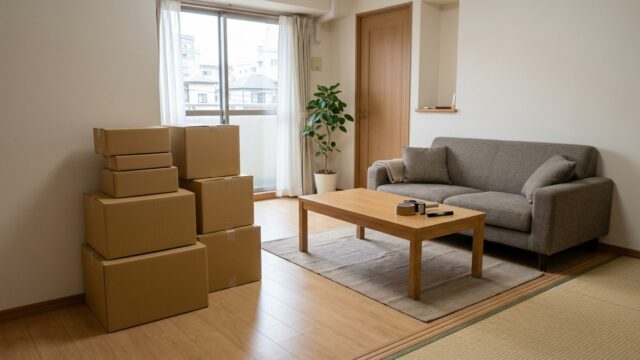 引越しの荷造りが進んだ日本のリビングと綺麗に積まれたダンボール