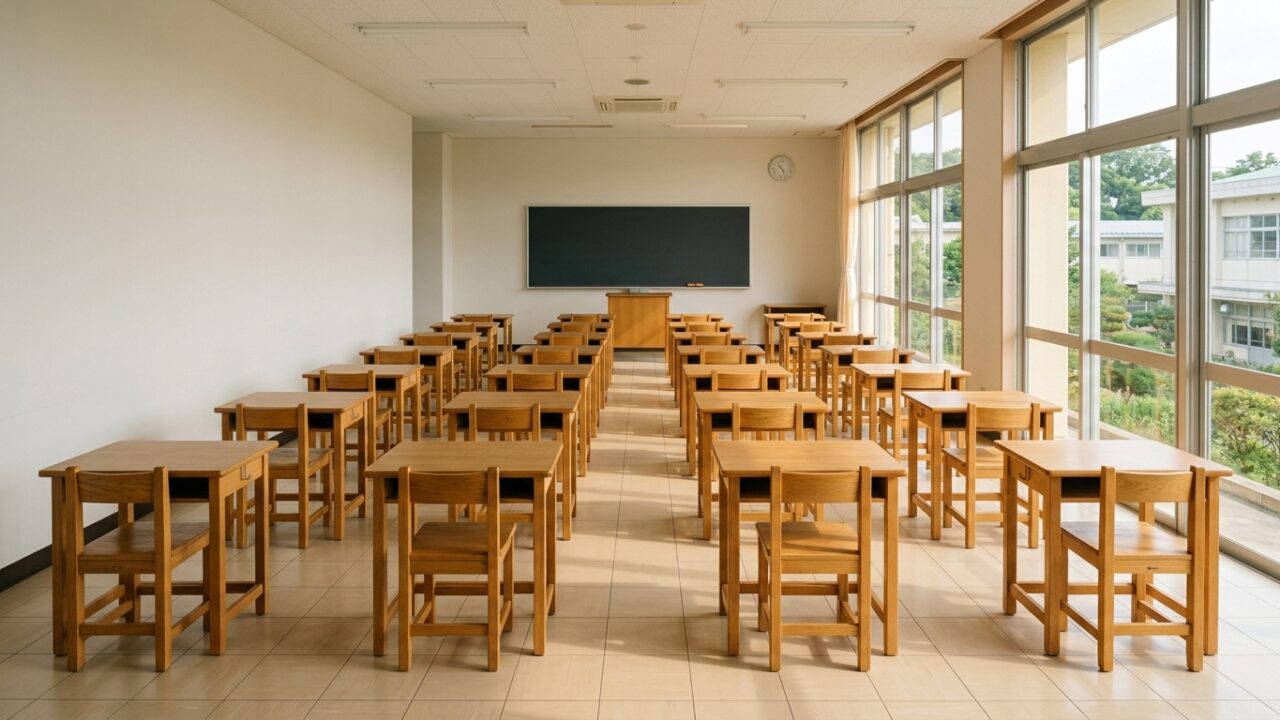 引越しにともなう子供の転校手続きのイメージ。誰もいない小学校の教室