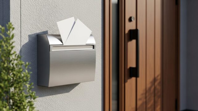 引越しの郵便転送手続きをイメージした住宅の郵便受けと封筒