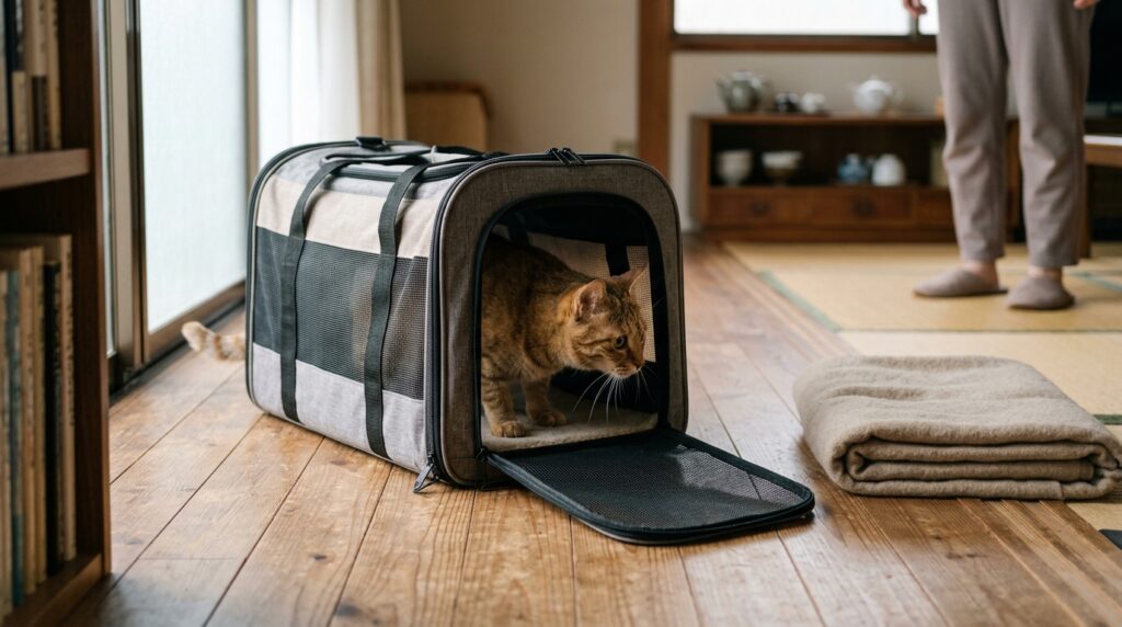 扉を開けたまま床に置いたキャリーバッグと猫