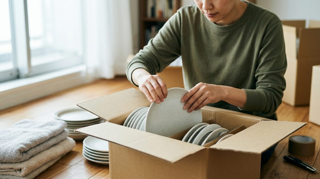 食器を縦に入れて荷造りする手元