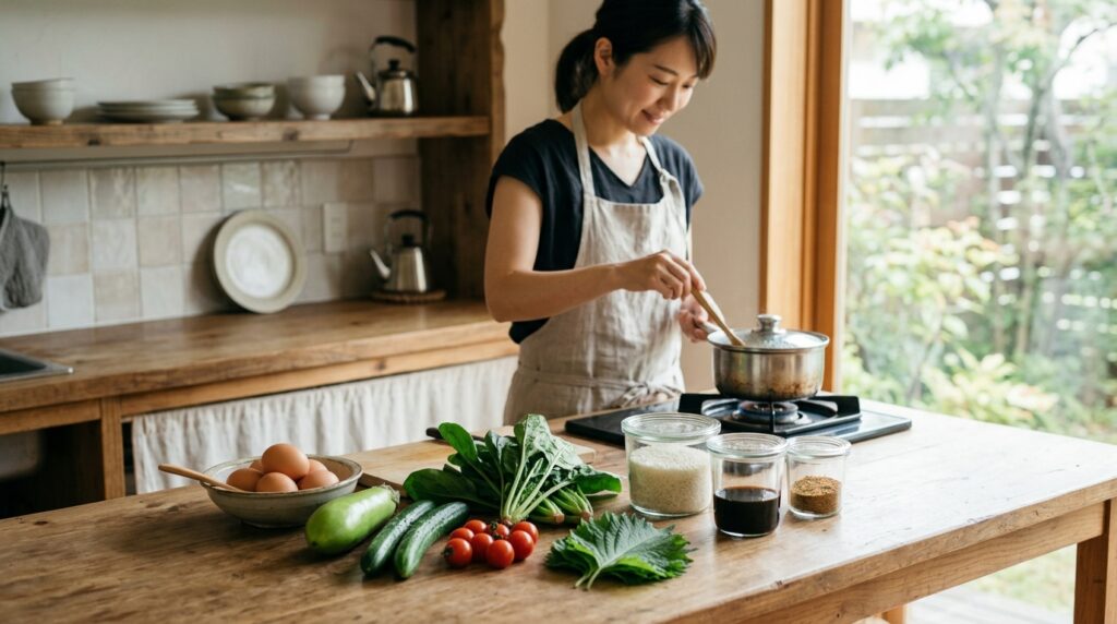冷蔵庫の中身を使い切るためにキッチンへ並べた食材