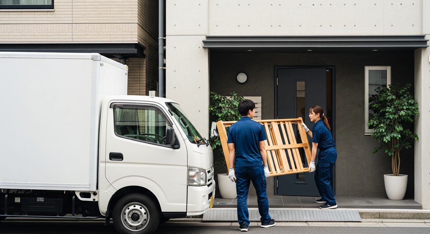引越し当日に家具を積み込む無地の2トントラック