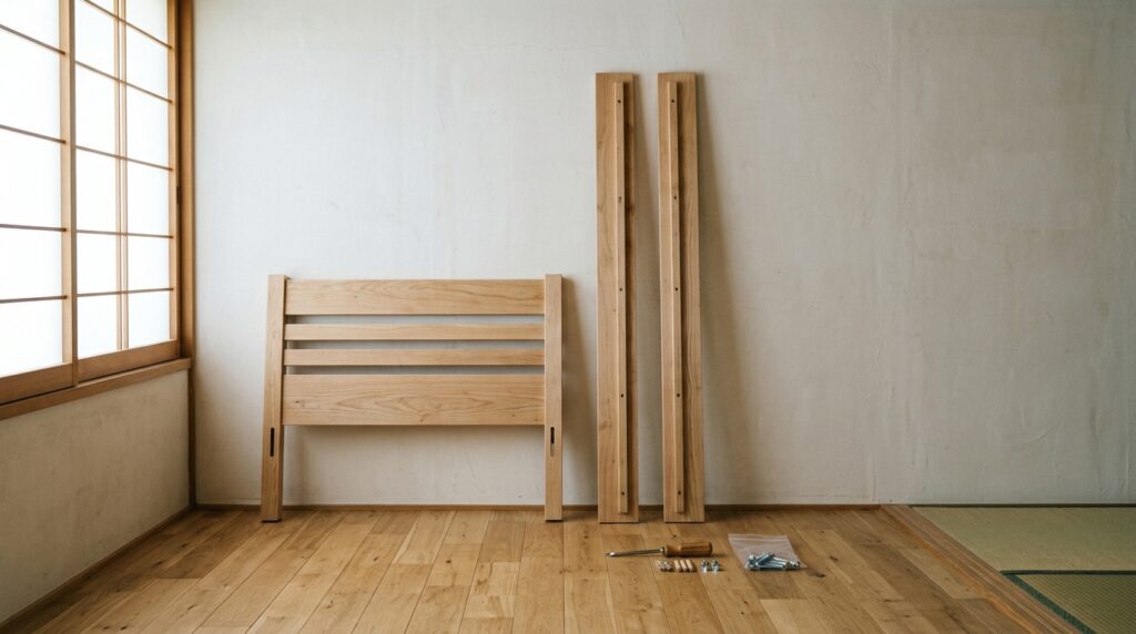 解体して壁際に並べたベッドの部材と工具