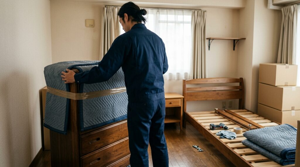 作業員が寝室で家具を保護材で包む様子