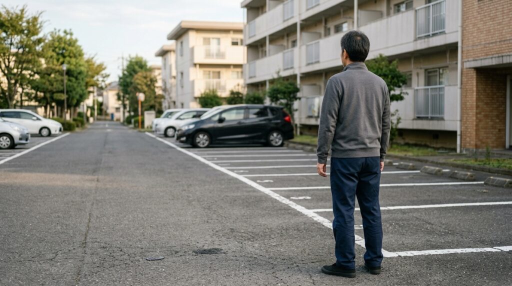 新居の駐車場で自分の区画を確認する人