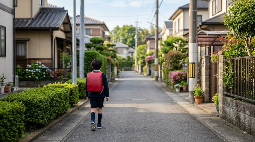 引越し前に新しい学校までの通学路を歩いて確認する子供