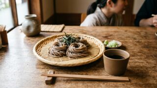 ざるに盛られた蕎麦と、つゆの器