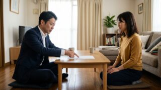 引越しの見積もりで営業が条件を説明している場面