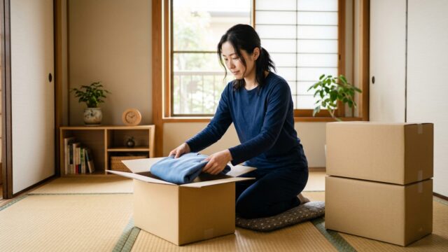 箱に入るものをダンボールに詰めている女性