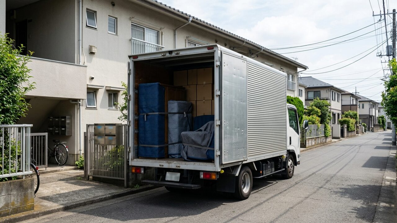 住宅街に停まった無地の2トン箱型トラックと開いた荷台