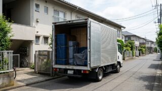 住宅街に停まった無地の2トン箱型トラックと開いた荷台