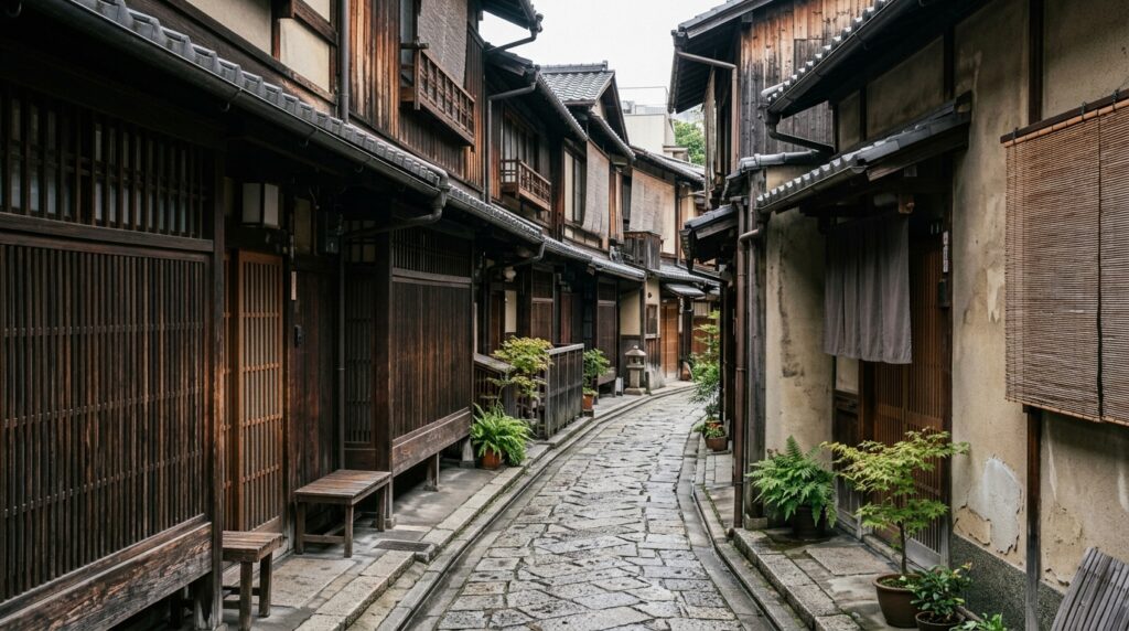 引越し蕎麦の由来が伝わる、日本の古い長屋が並ぶ路地