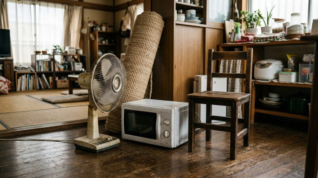 引越し前に手放すと決めた家具や家電を部屋の一角にまとめた様子