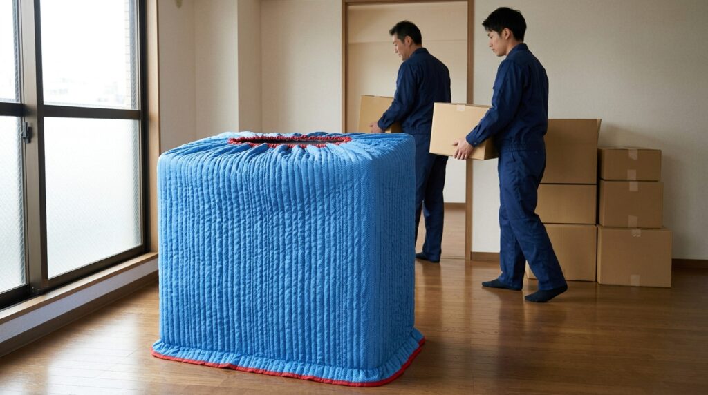 ジャバラで養生を終えた家具と、荷物を運び出す作業員