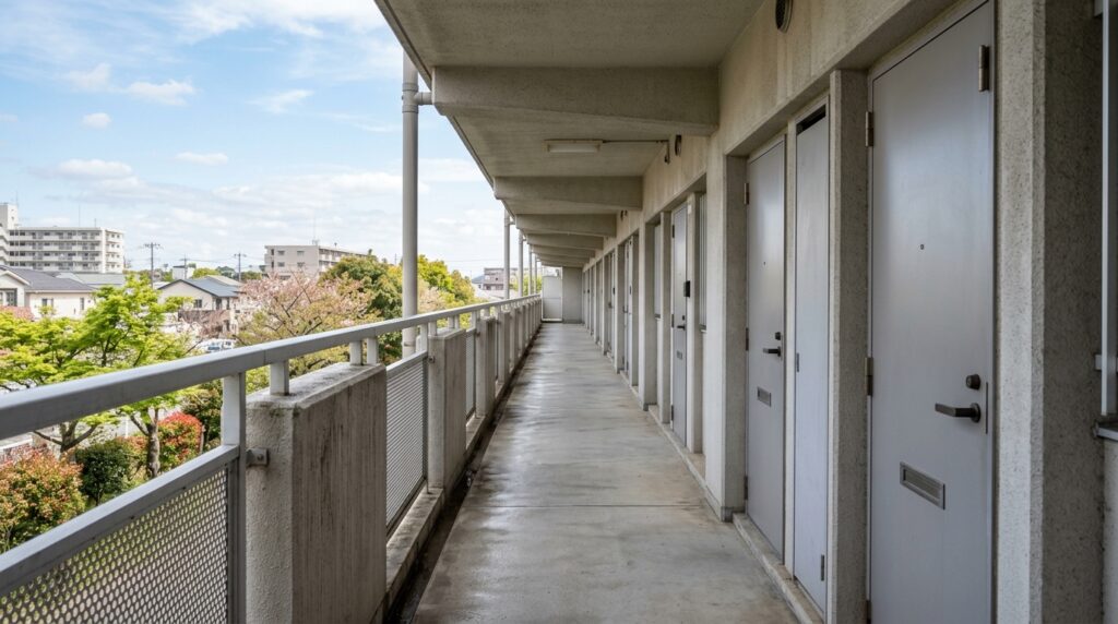 日本の集合住宅の共用廊下と、並ぶ玄関ドア