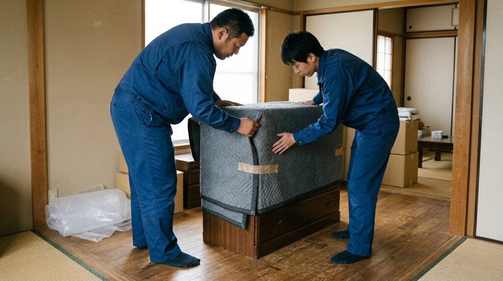 家具を専用資材で梱包する作業員