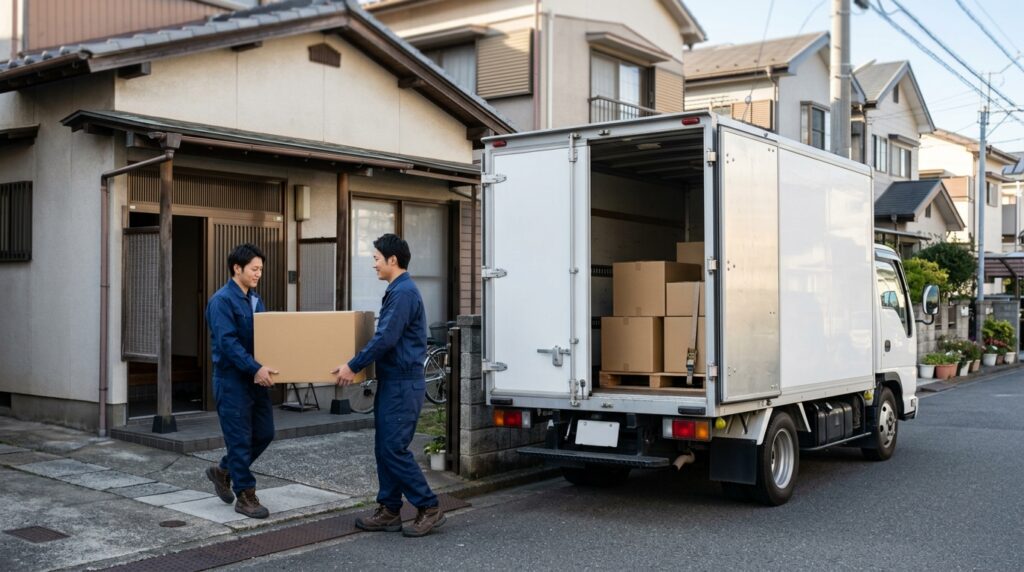 近距離の引越しで中小業者が家財を運び出す様子